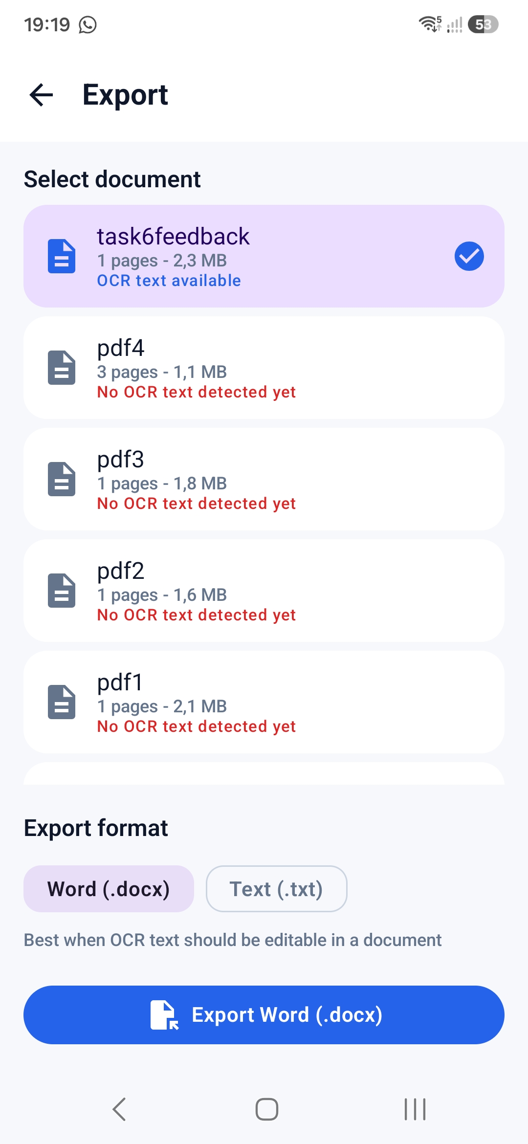 KPDF Scanner export screen