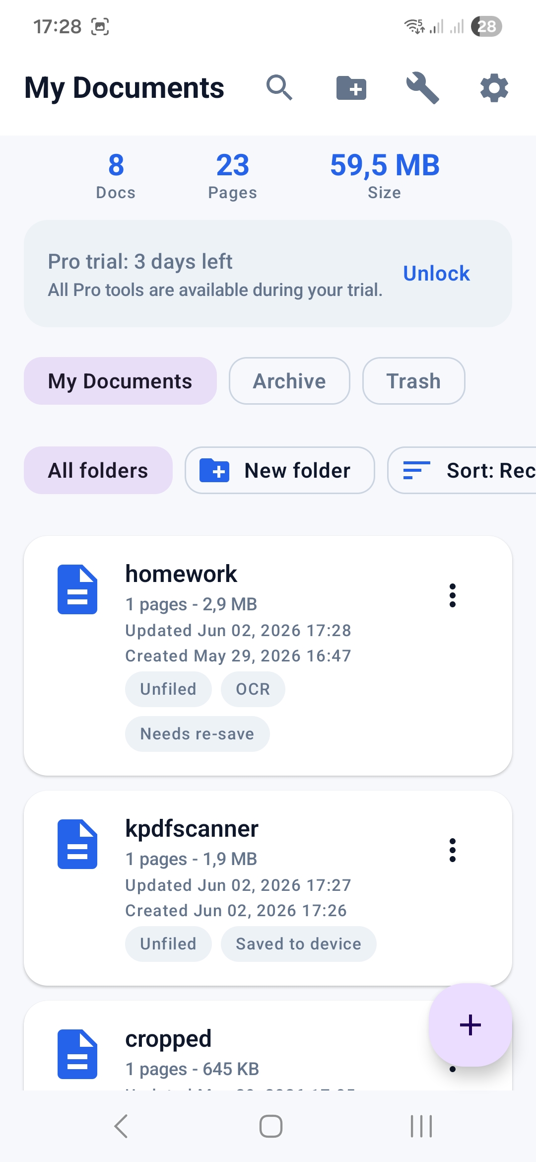 KPDF Scanner document home screen